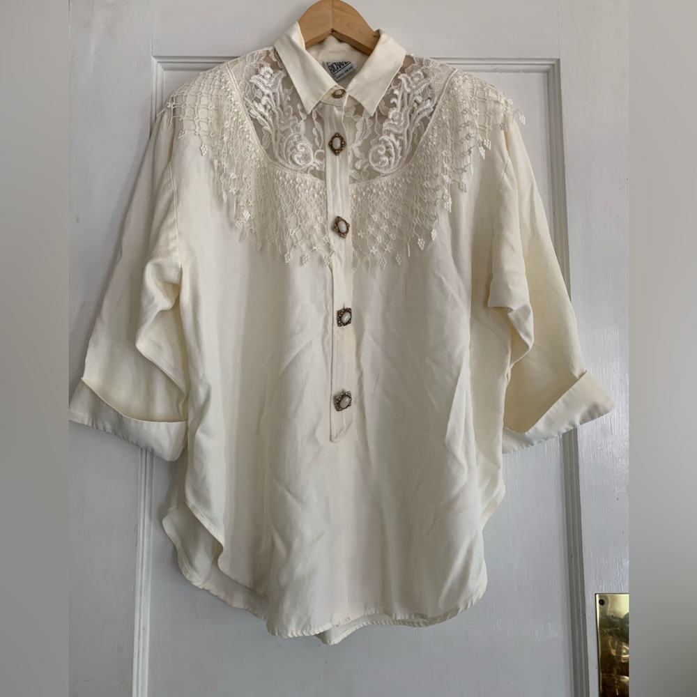 Vtg 'R&M Richards' by Karen Kwong Red Xmas Embroidered 3/4 Sleeve Blouse UK 14